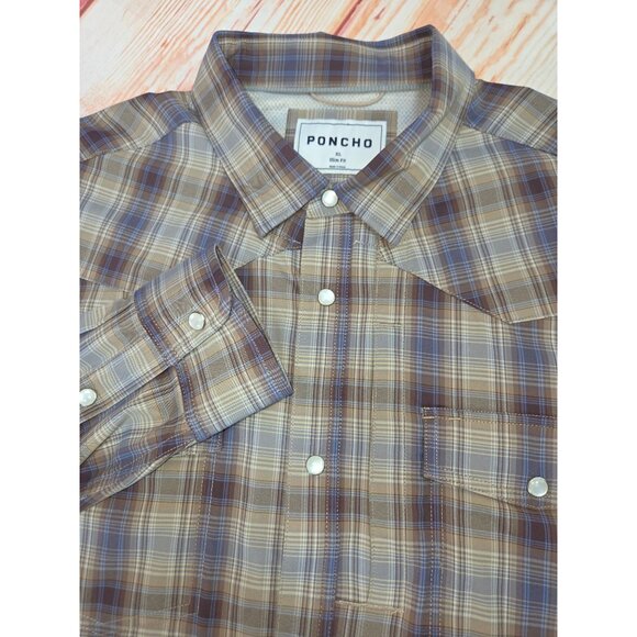 Poncho Mens Western Plaid Pearl Snap Shirt XL Slim Fit Brown/Blue Long Sleeve - Picture 4 of 7